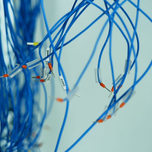 Close-up of tangled blue wires with connectors on a white background, emphasizing connection.